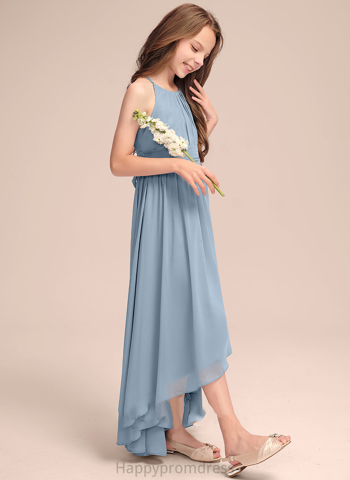 Kiersten With Scoop Junior Bridesmaid Dresses A-Line Chiffon Asymmetrical Ruffle Neck Bow(s)