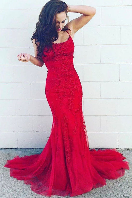 Mermaid Lace Appliques Red Spaghetti Straps Evening Dresses Long Prom Dresses