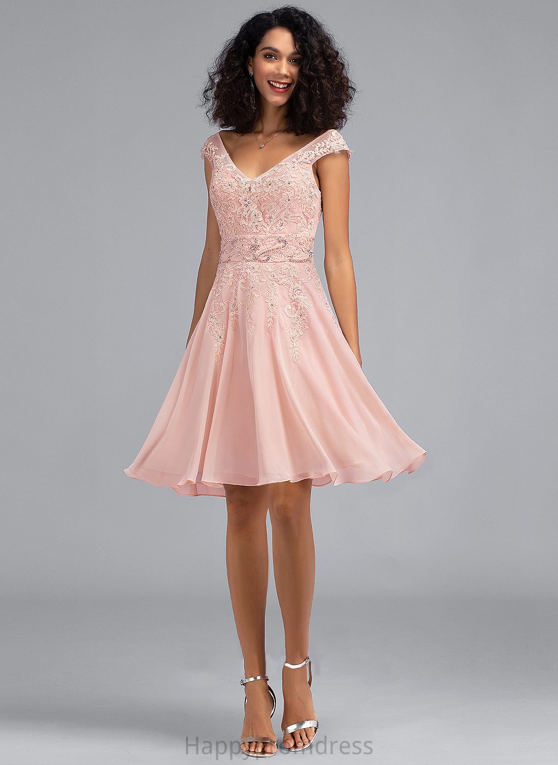 Ryleigh A-Line Cocktail Dress Chiffon Beading With Cocktail Dresses Lace Lace Knee-Length V-neck