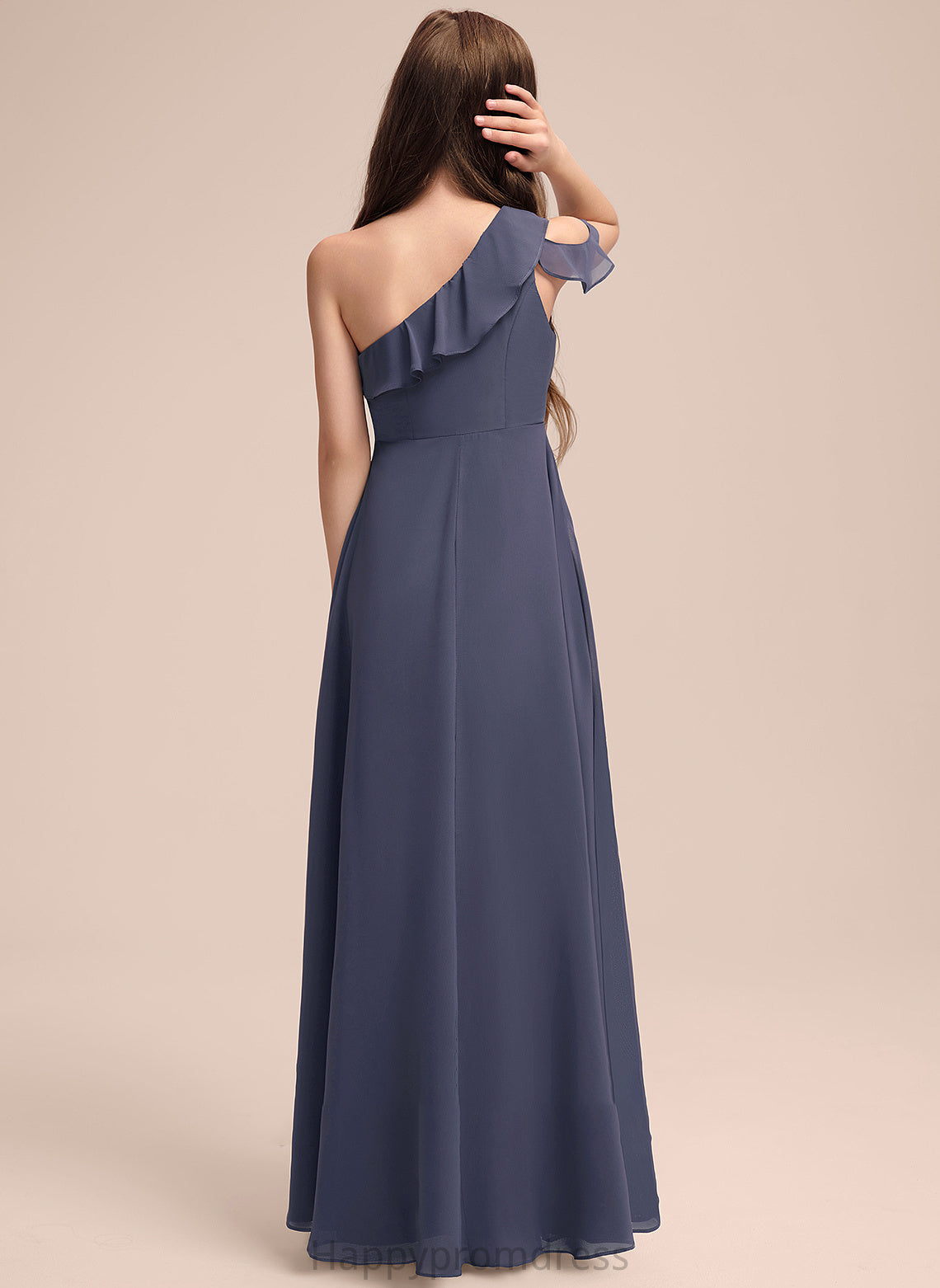 One-Shoulder A-Line Cascading Ruffles Floor-Length Chiffon Junior Bridesmaid Dresses With Viola