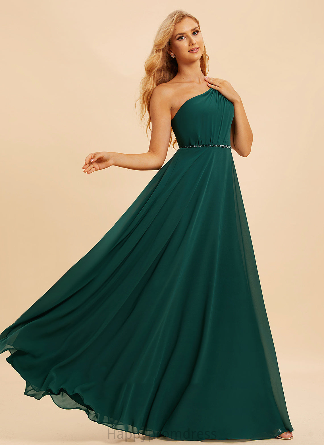 Embellishment Fabric Floor-Length Length Beading A-Line Silhouette Neckline One-Shoulder Sequins Kallie Natural Waist Bridesmaid Dresses