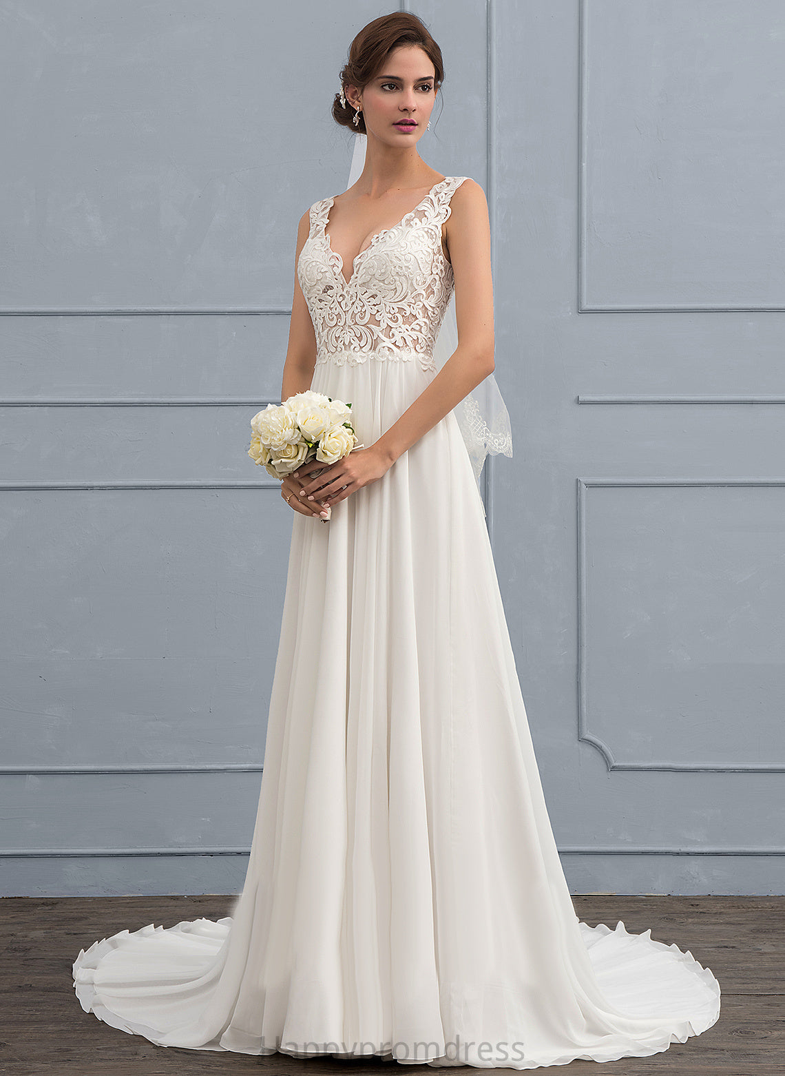 V-neck Train Chiffon Wedding Wedding Dresses Mackenzie Court Lace A-Line Dress