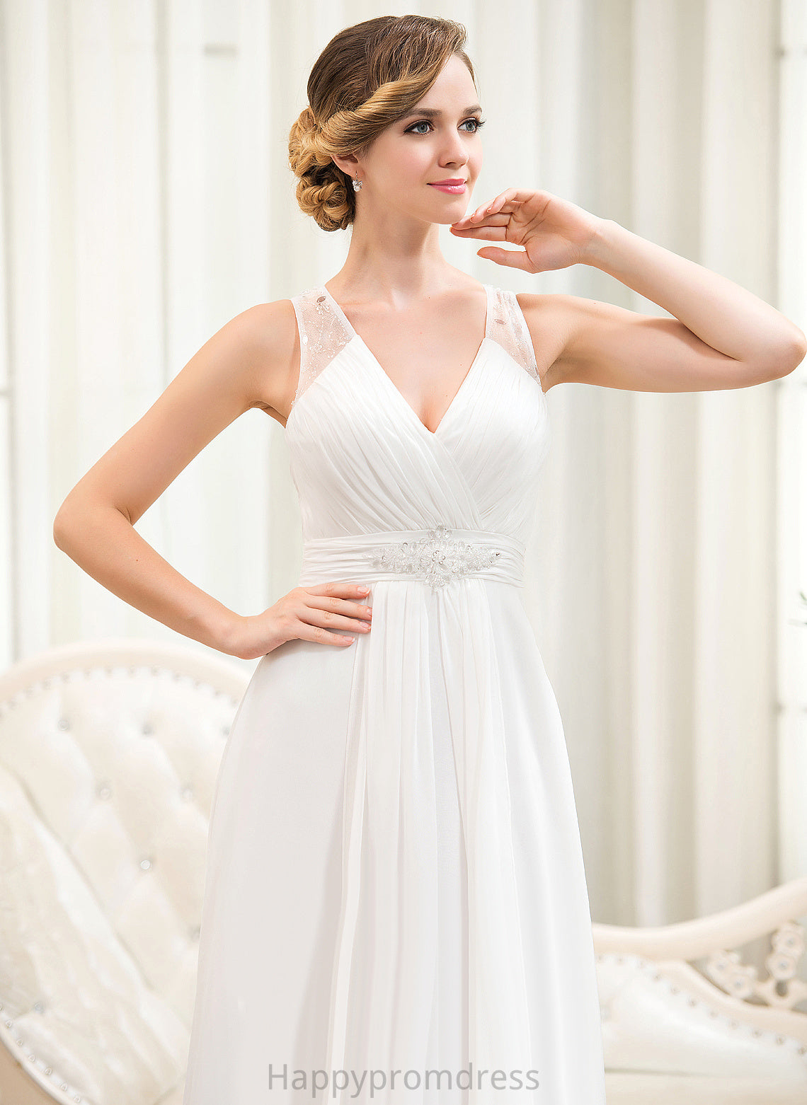 Train Sweep Wedding Dresses A-Line Ruffles Dress Beading Sequins Avah Chiffon V-neck Wedding With Tulle Cascading