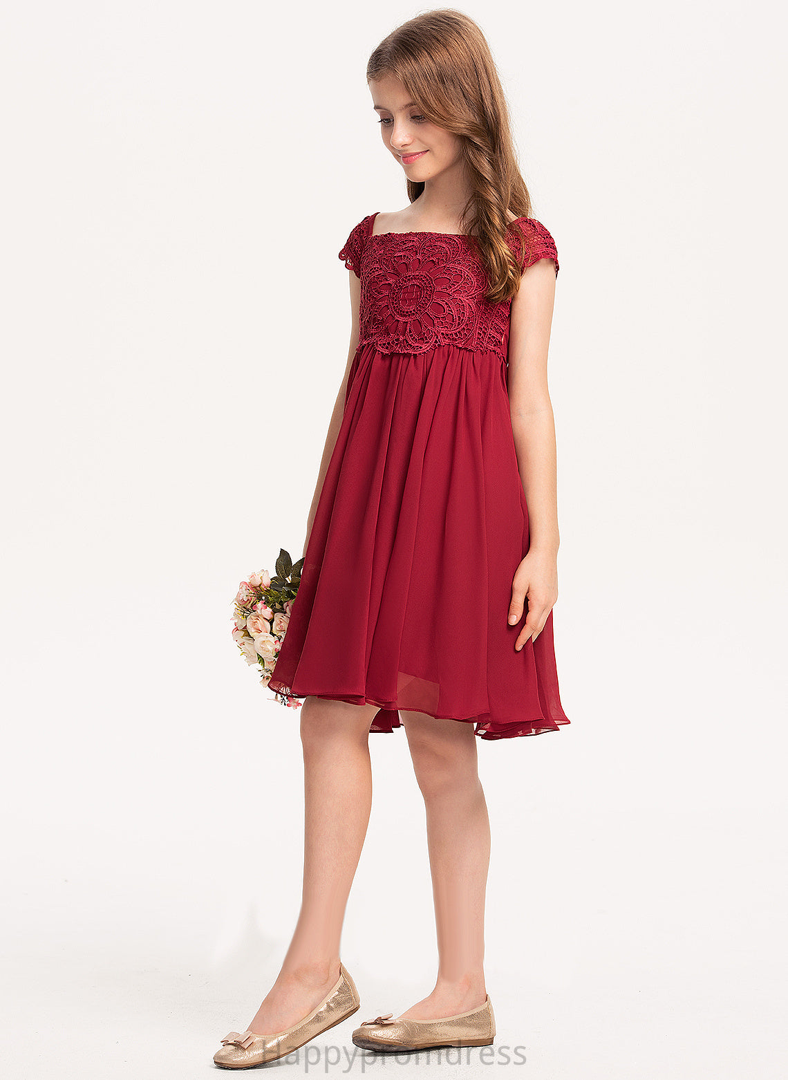 Amirah Girl Dress Knee-length Flower Girl Dresses - Square Chiffon Neckline A-Line Sleeves Flower Short