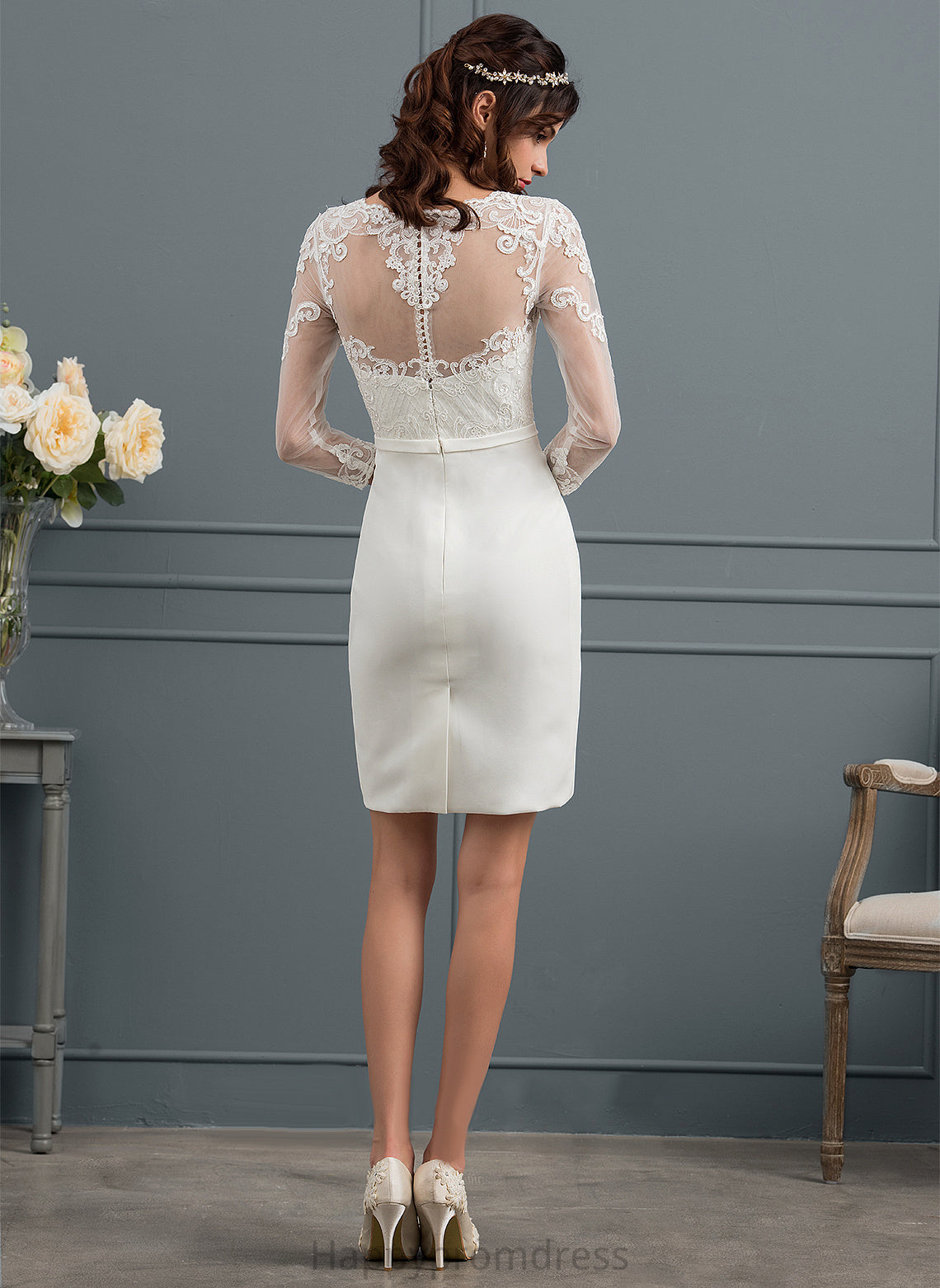 With Dress Illusion Sheath/Column Wedding Dresses Sandy Sequins Lace Bow(s) Wedding Knee-Length