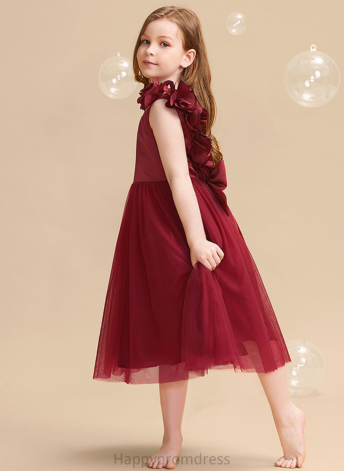 - With Flower(s)/Bow(s) Flower Satin/Tulle Flower Girl Dresses Nora V-neck A-Line Girl Dress Sleeveless Tea-length