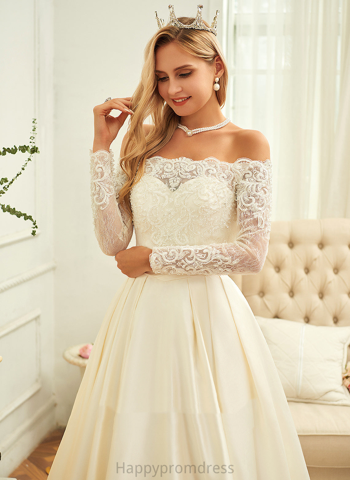 Wedding Dress Off-the-Shoulder Ball-Gown/Princess Wedding Dresses Sweep Lace With Train Beading Satin Yadira Sequins