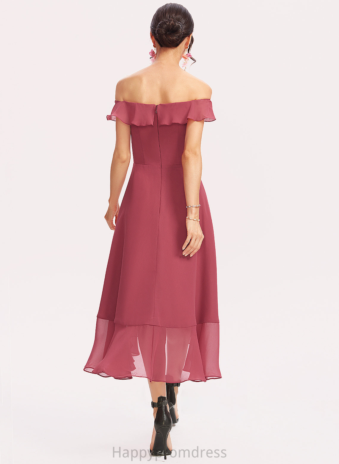 Fabric A-Line CascadingRuffles Neckline Embellishment Length Tea-Length Silhouette Off-the-Shoulder Simone A-Line/Princess Scoop Bridesmaid Dresses