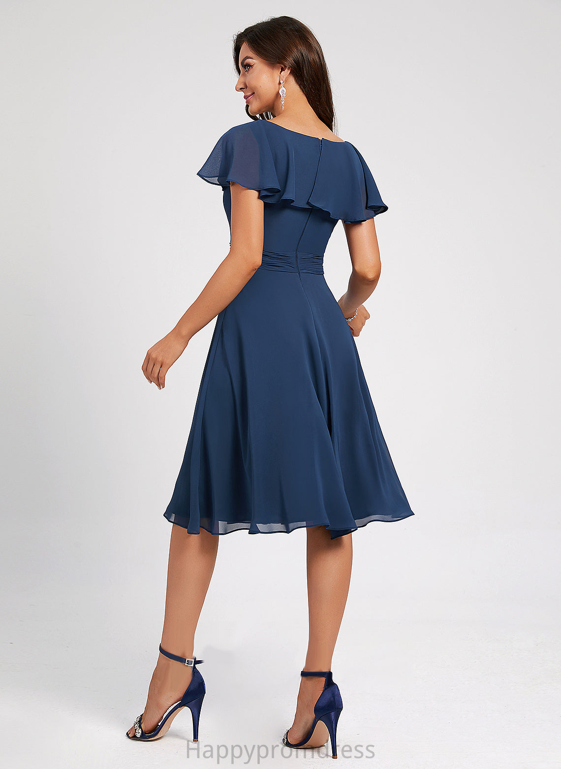 Cocktail A-Line Scoop Neck Cocktail Dresses With Pleated Ruffle Jacquelyn Chiffon Knee-Length Dress