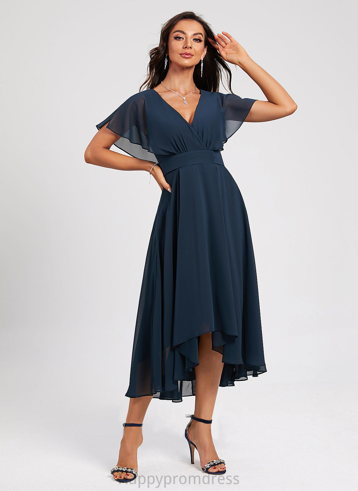 V-neck Cocktail Dresses Asymmetrical Cameron Chiffon With A-Line Sash Cocktail Dress