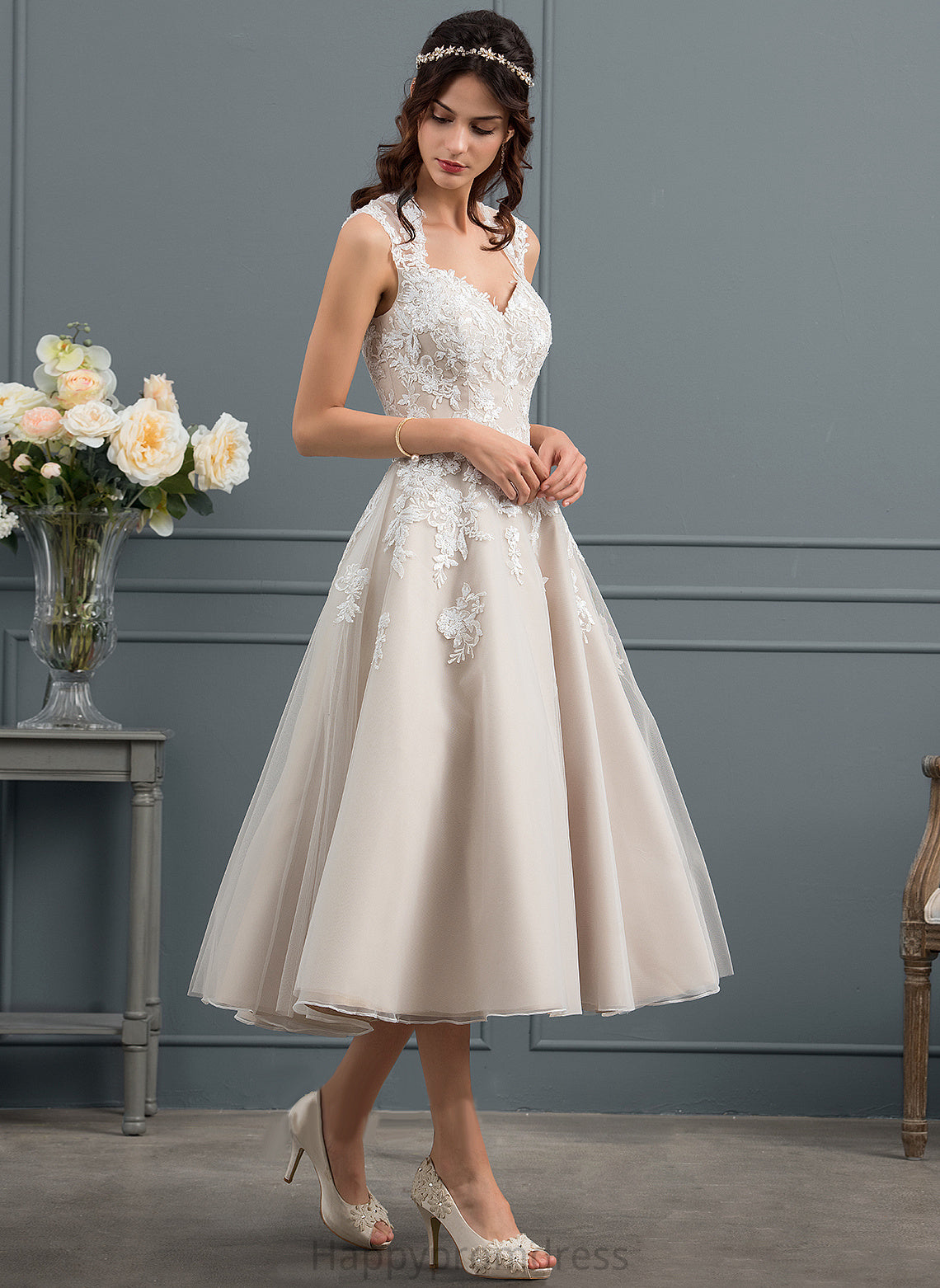 Wedding Rachel Tulle Wedding Dresses With Lace Sweetheart Tea-Length Sequins Dress Ball-Gown/Princess