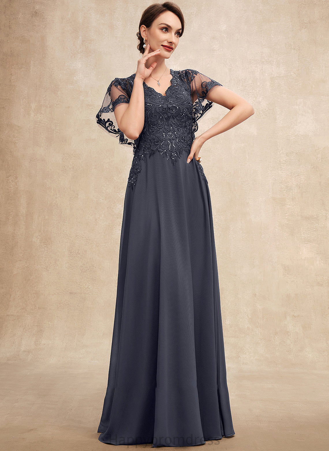 Mother A-Line Chiffon Lace Natasha Dress of Sequins V-neck Bride the With Floor-Length Mother of the Bride Dresses