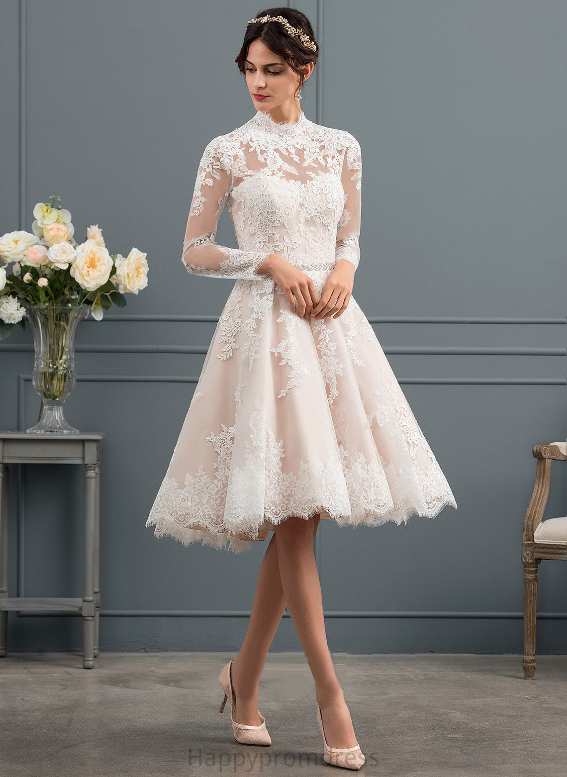 Wedding Dresses A-Line Knee-Length Janiyah Lace Tulle Illusion Dress Wedding