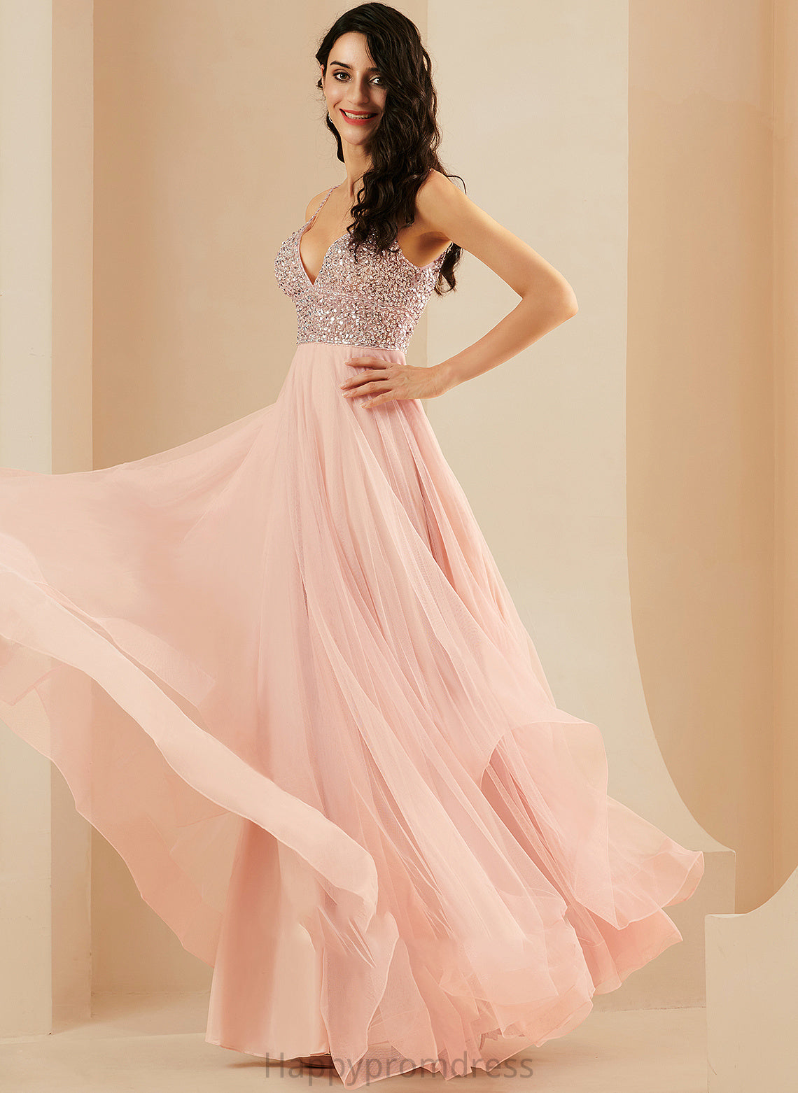 With Sequins V-neck Floor-Length Tulle Jasmine Prom Dresses A-Line Beading