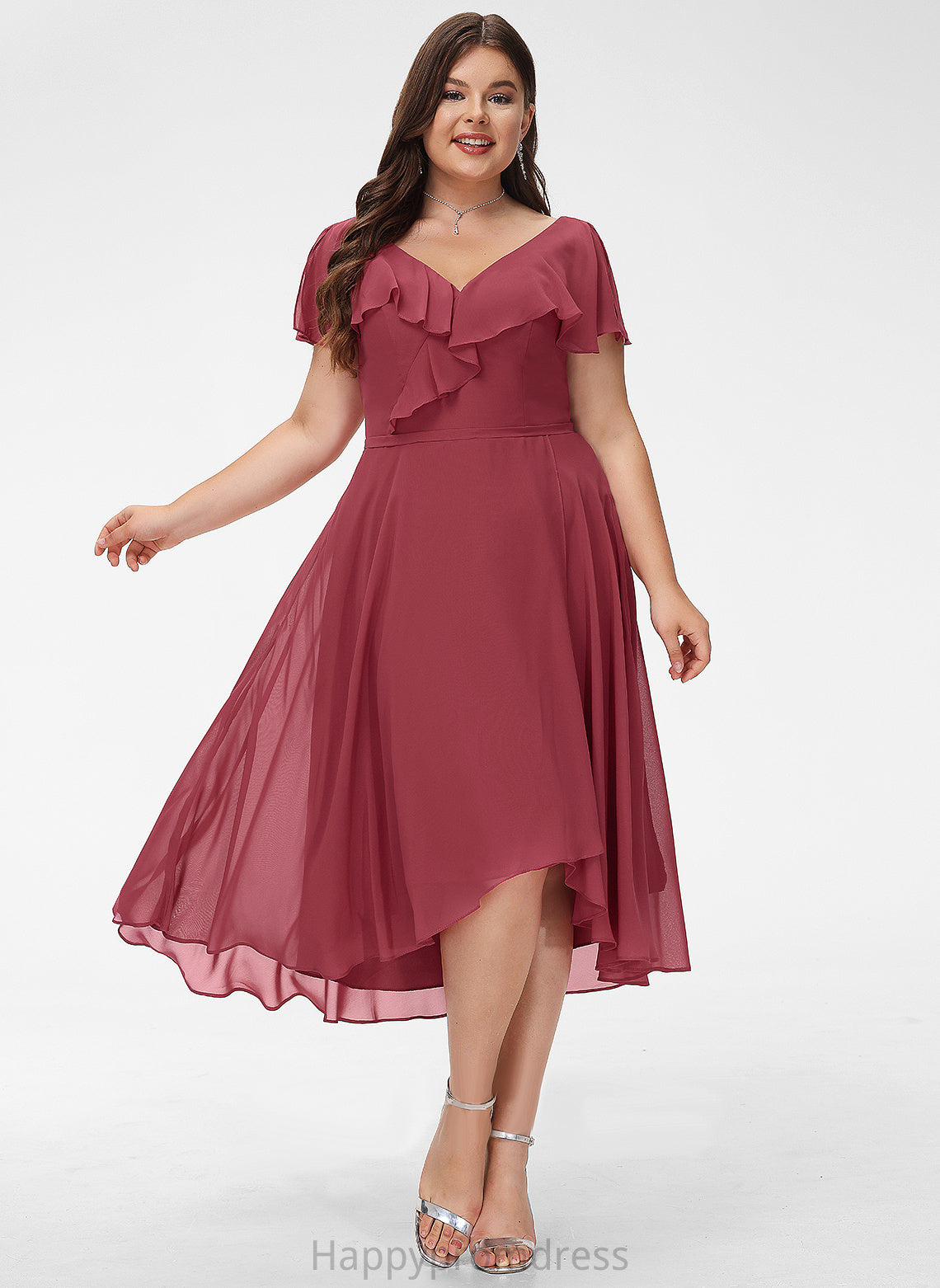 A-Line Dress Cocktail V-neck Asymmetrical With Chiffon Gianna Ruffle Cocktail Dresses