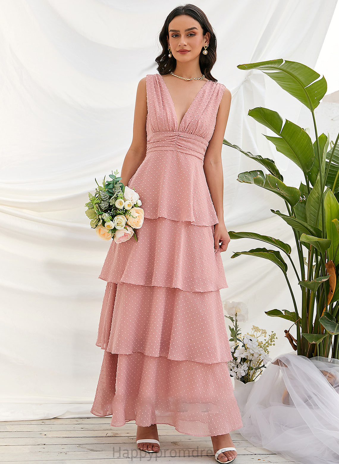 A-Line V-neck Ankle-Length Silhouette Fabric Length Neckline Straps Tessa Floor Length A-Line/Princess Sleeveless Bridesmaid Dresses