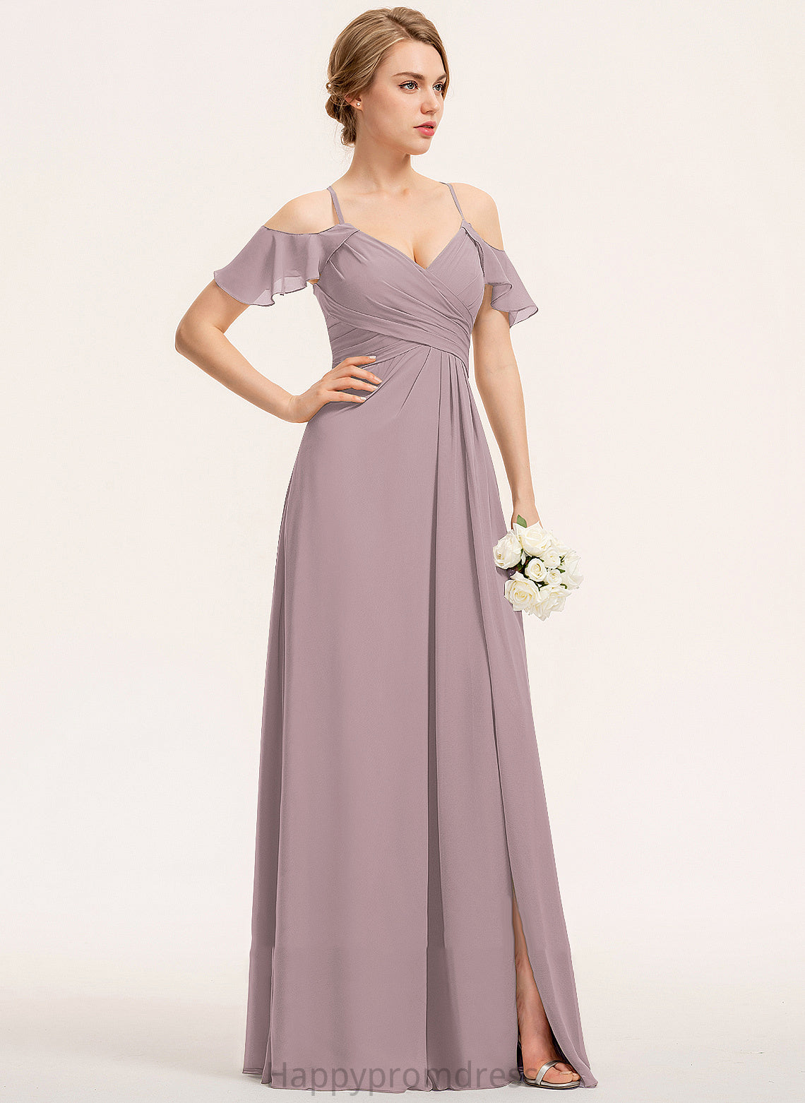 V-neck Embellishment A-Line Silhouette Fabric ColdShoulder Floor-Length SplitFront Length Neckline Ruffle CascadingRuffles Bridesmaid Dresses