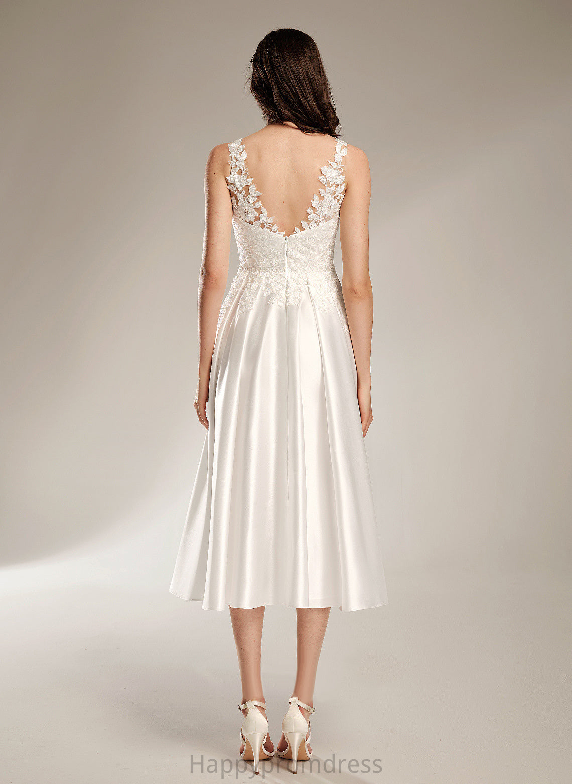 Wedding Dresses With Tea-Length Dress V-neck Wedding Satin Pockets A-Line Lace Jaycee