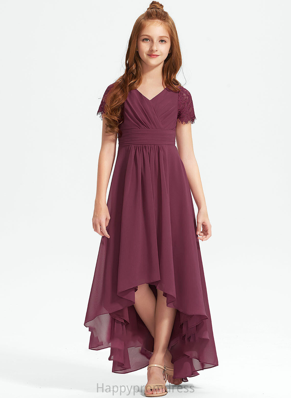 Lace With A-Line Chiffon Ruffle Haylie Asymmetrical Junior Bridesmaid Dresses V-neck