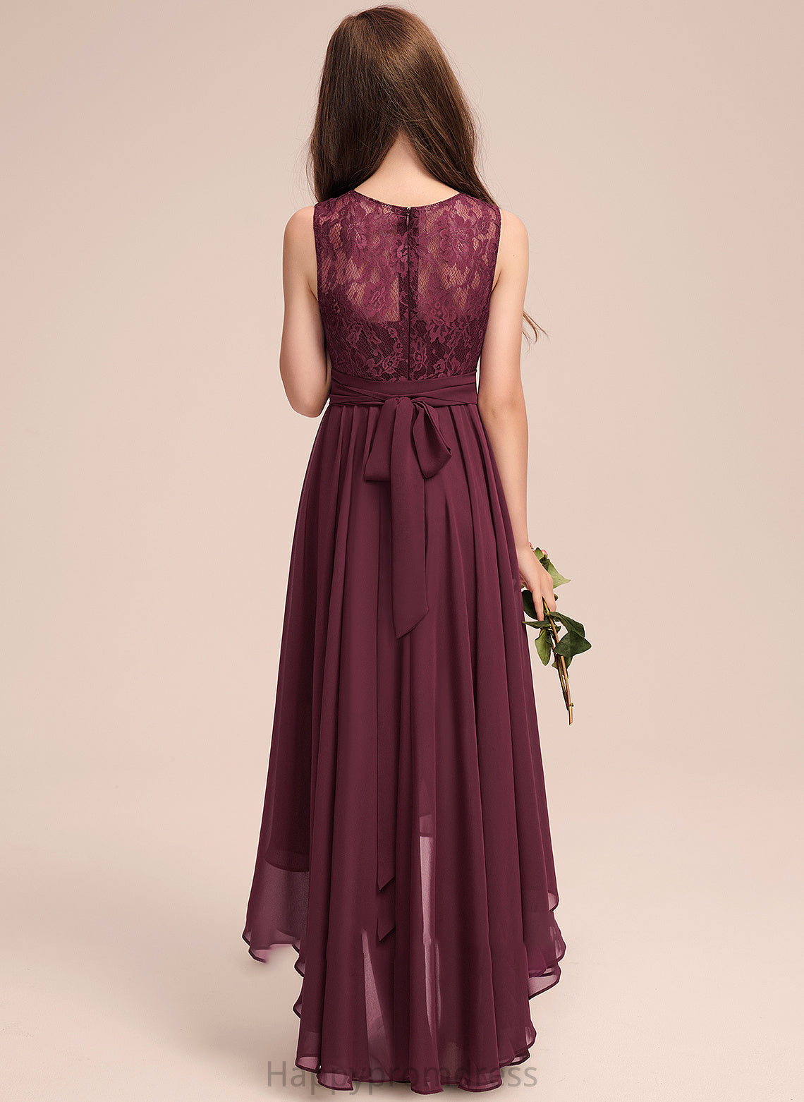 A-Line Asymmetrical Bow(s) Junior Bridesmaid Dresses Chiffon Lace With Neck Greta Scoop