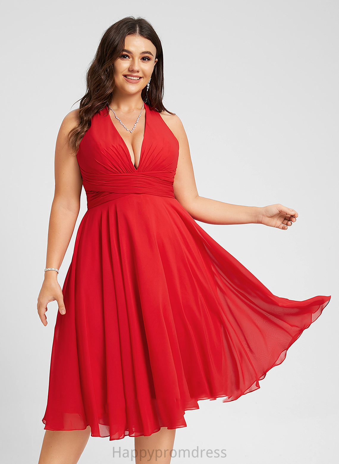 Dress Chiffon Moriah Ruffle Knee-Length With Cocktail Bow(s) A-Line V-neck Cocktail Dresses