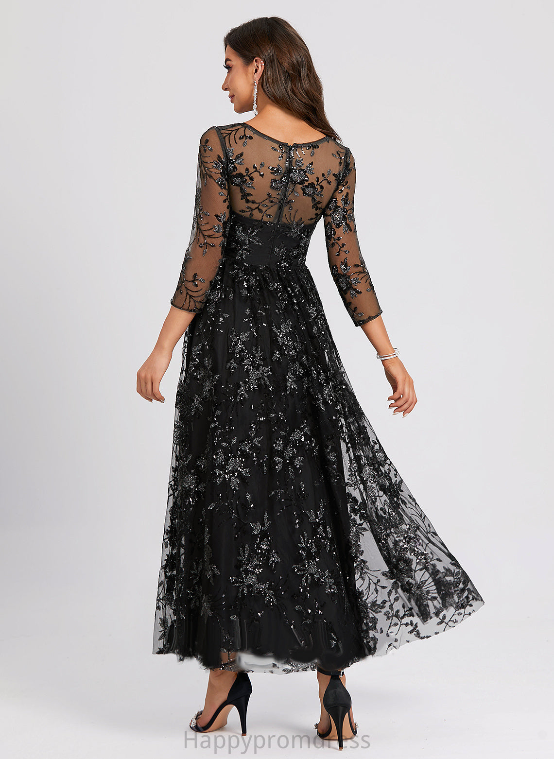 Lace Sequined V-neck Dress A-Line Juliette Cocktail Cocktail Dresses Ankle-Length