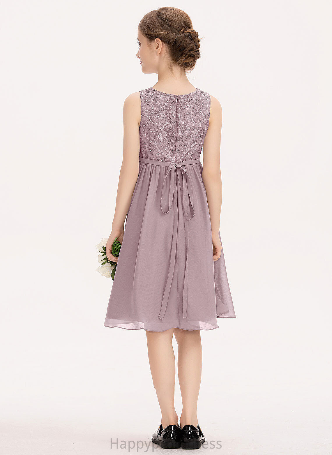 Bow(s) Lace Makenzie Knee-Length Junior Bridesmaid Dresses Neck With Scoop Chiffon Beading A-Line