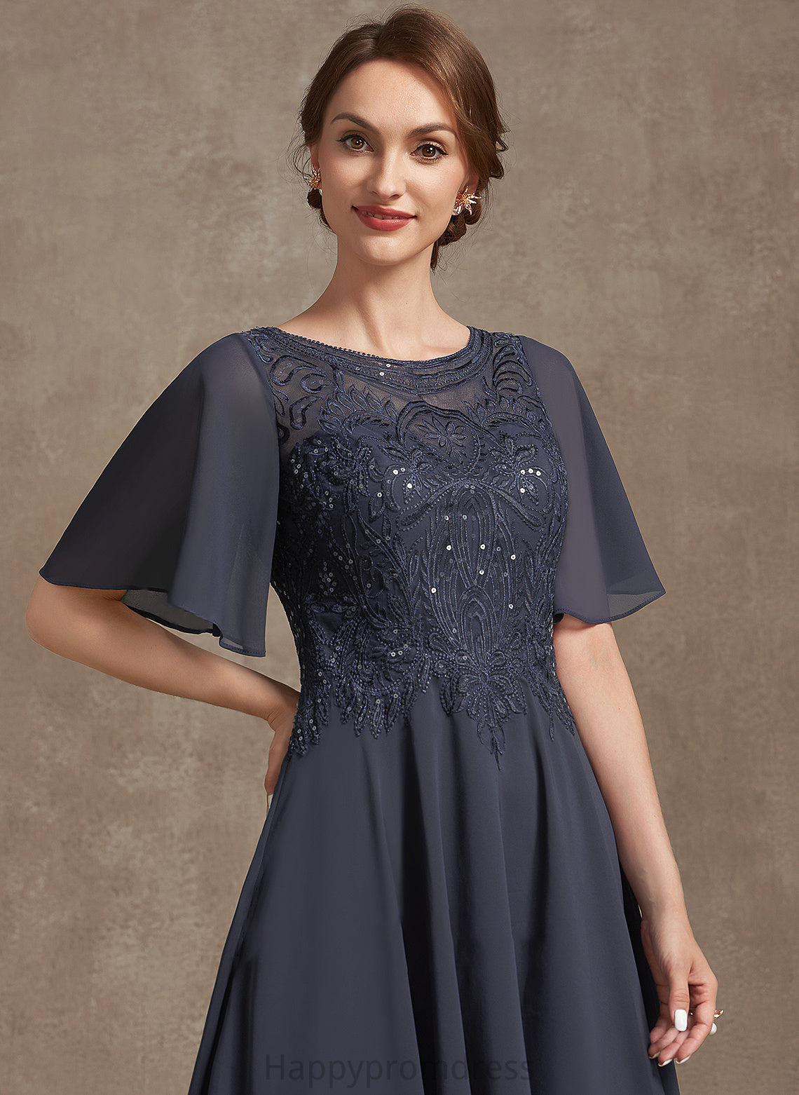 Scoop Chiffon of Bride A-Line Mother of the Bride Dresses Lace Tea-Length Dress Mother Marcia With Sequins the Neck