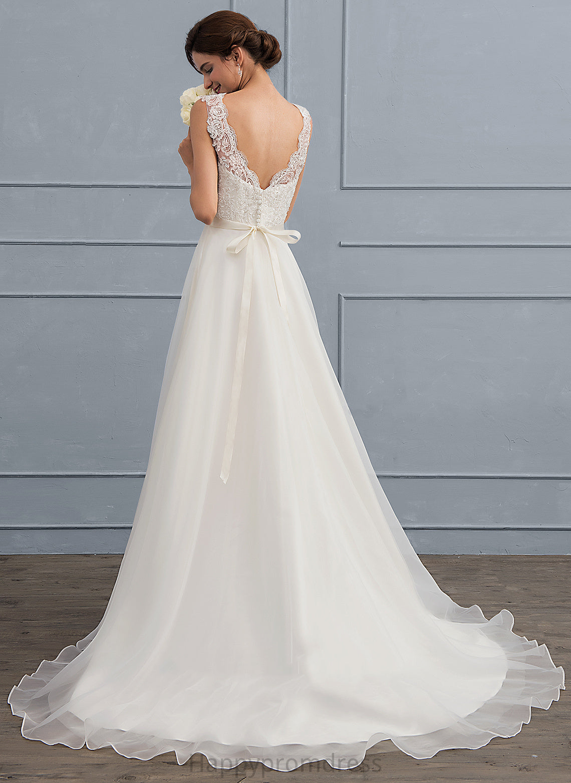 V-neck Train Wedding Dresses Wedding With A-Line Organza Bow(s) Lace Dress Kayden Beading Sweep