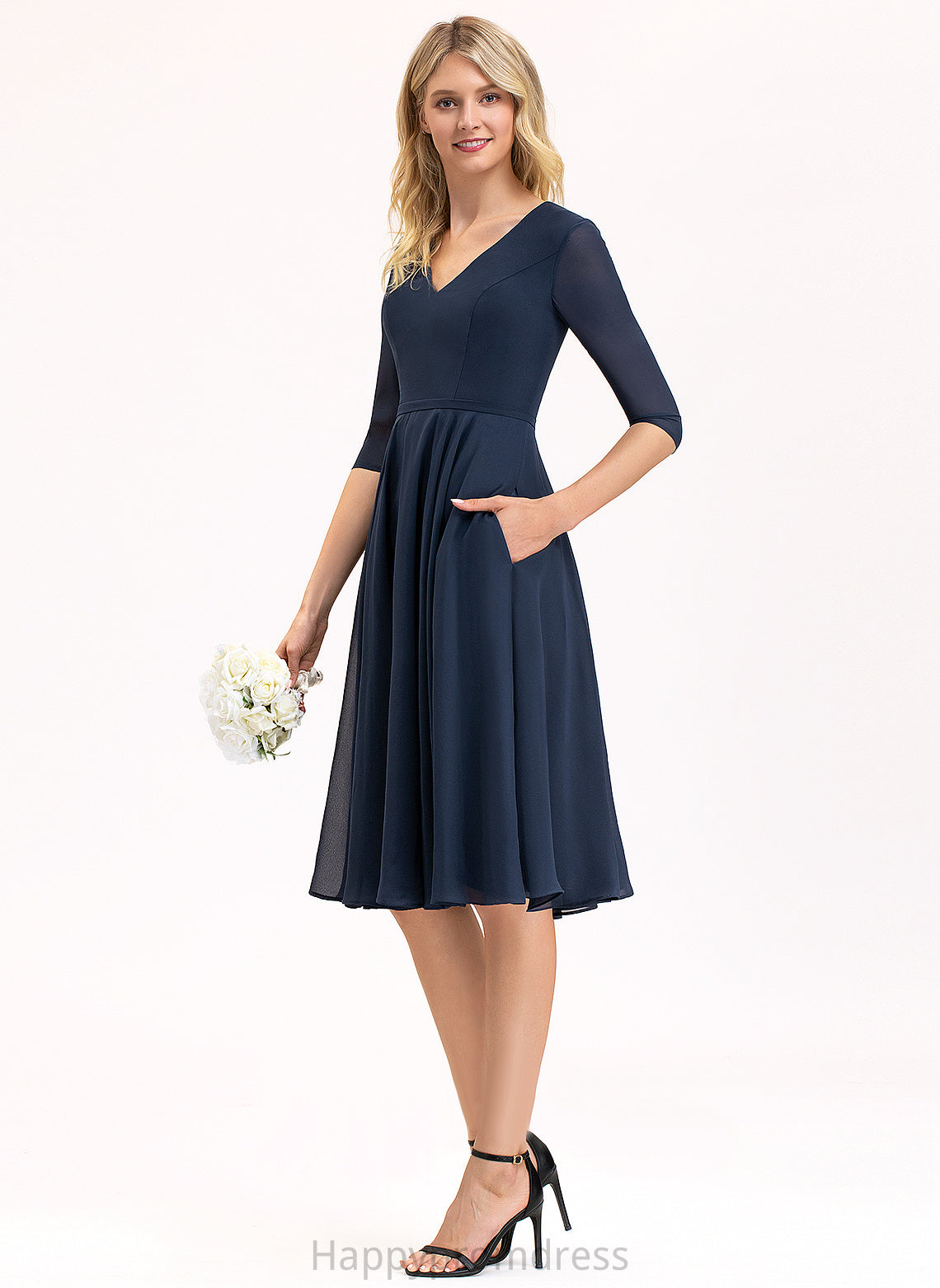 Knee-Length Dress A-Line Cocktail Dresses Chiffon Cocktail Savannah Pockets V-neck With