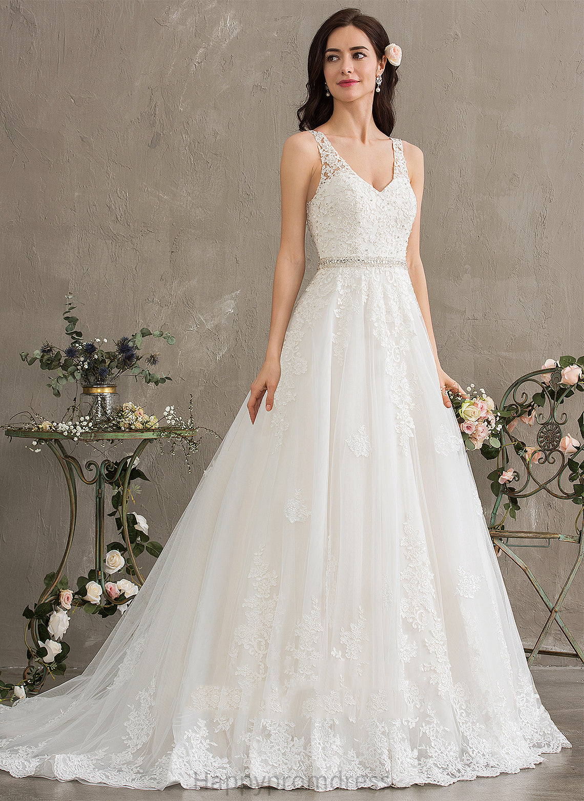 Wedding Dress Tulle Wedding Dresses With Train Beading Lace Jakayla Court Sequins V-neck Ball-Gown/Princess