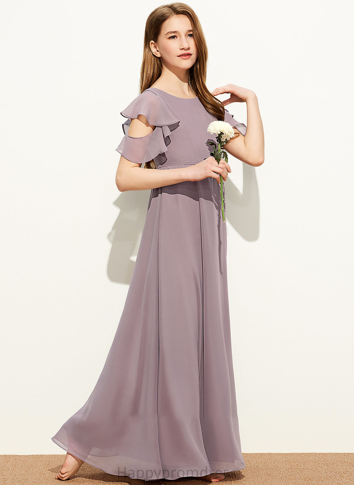 Neck Scoop Ruffles Cascading Floor-Length With Chiffon Junior Bridesmaid Dresses Corinne A-Line