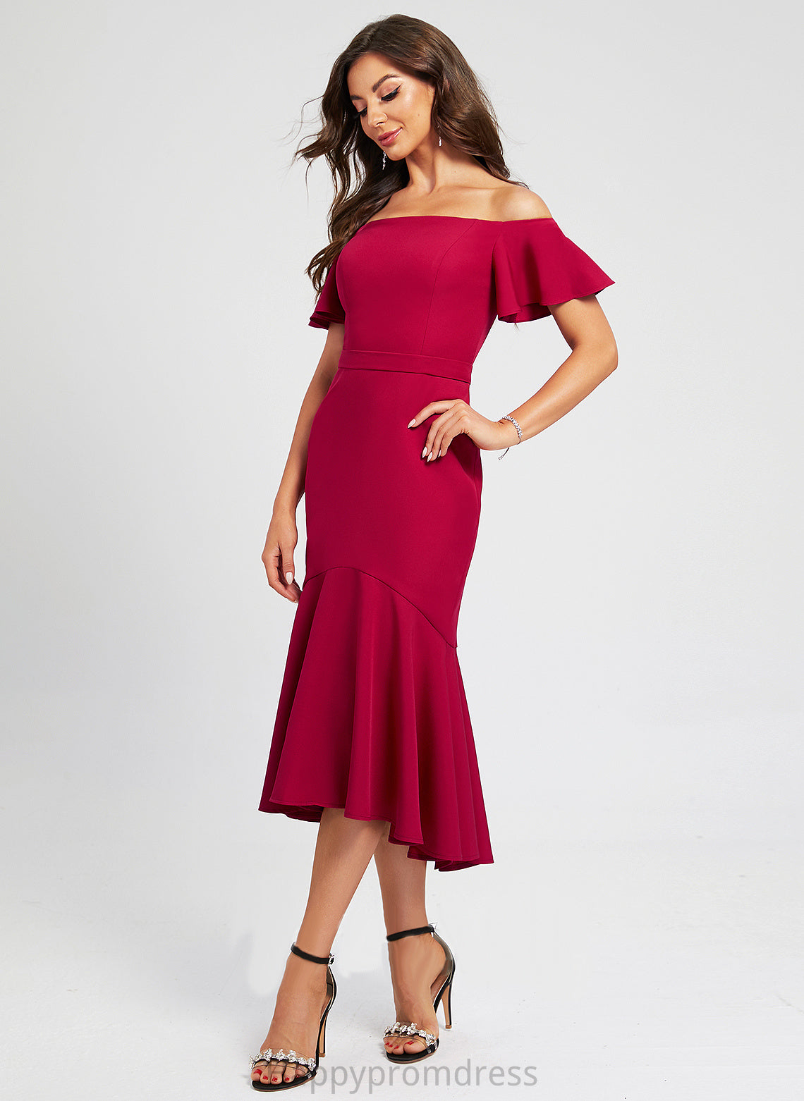 Dress Ruffle Crepe Cocktail Dresses Stretch Cocktail Trumpet/Mermaid Off-the-Shoulder With Asymmetrical Marcie