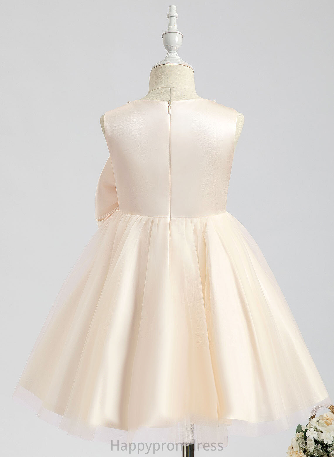 With Scalloped Sleeveless Girl - Flower Girl Dresses A-Line Knee-length Pru Satin Dress Beading/Bow(s) Flower Neck