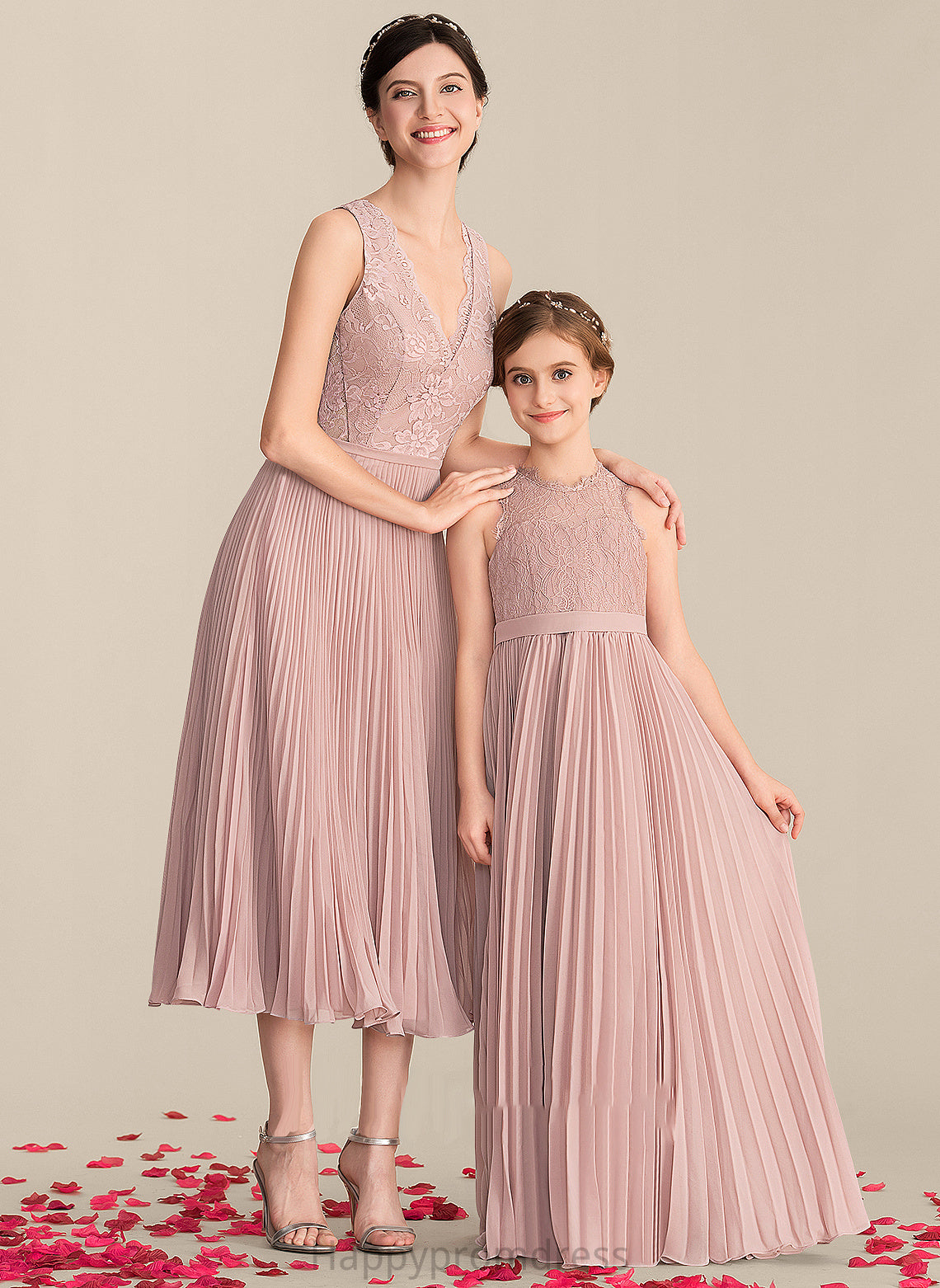 Pleated Fabric V-neck Embellishment Neckline Length Silhouette A-Line Tea-Length Phoebe Straps Natural Waist Bridesmaid Dresses