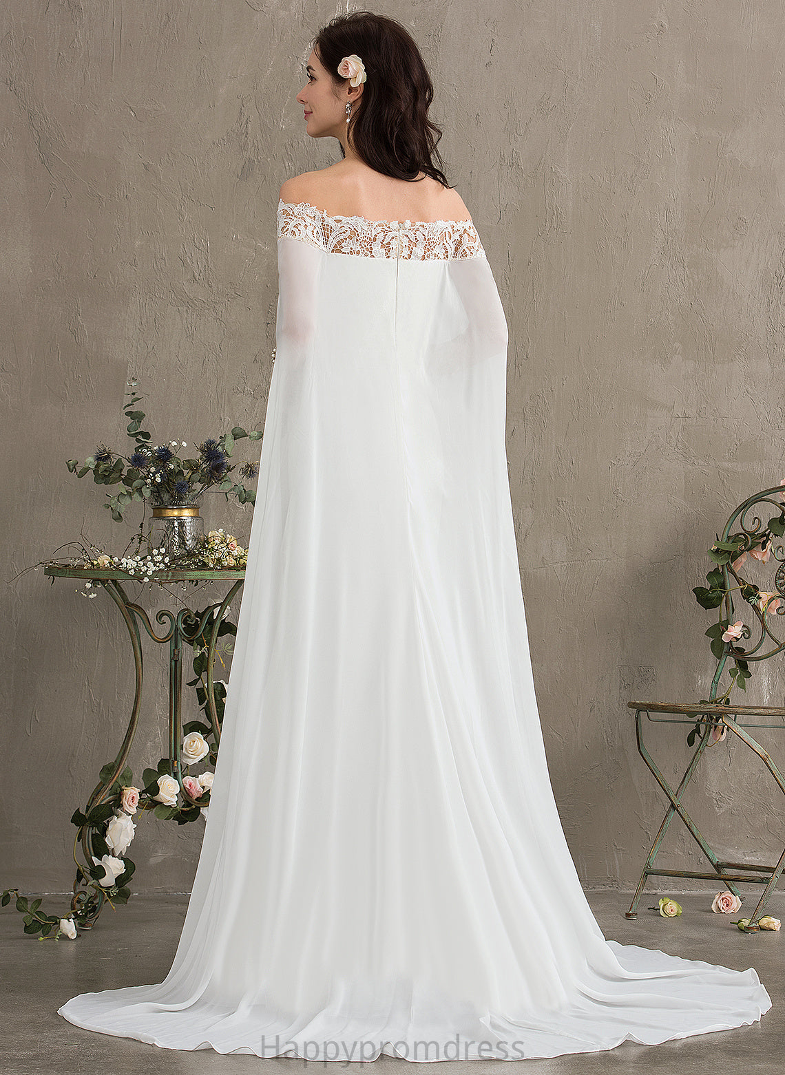 Wedding Dresses Off-the-Shoulder Sheath/Column Chiffon Lace Lace With Train Nathalia Dress Wedding Court