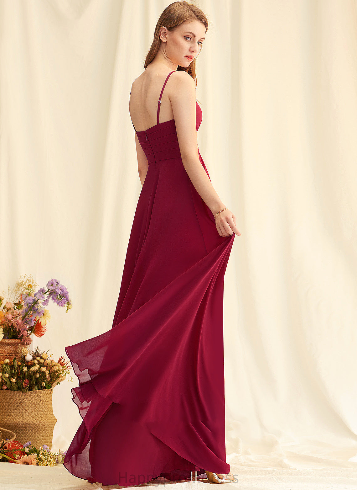 V-neck Floor-Length Length Neckline Silhouette Ruffle A-Line Embellishment Fabric Leah Bridesmaid Dresses