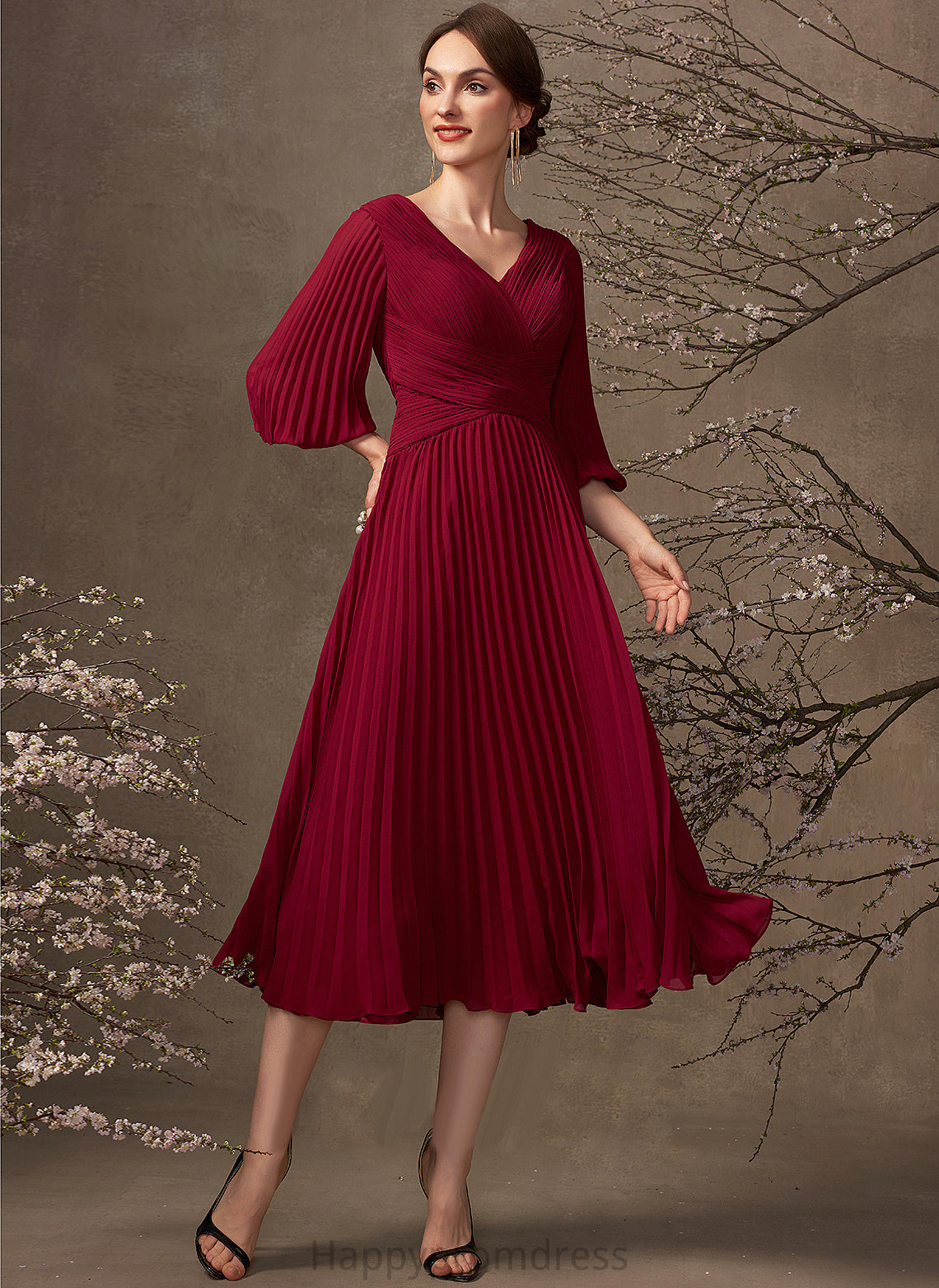 Tea-Length Pleated Cocktail Dresses V-neck Dress Ryleigh Chiffon A-Line Cocktail With