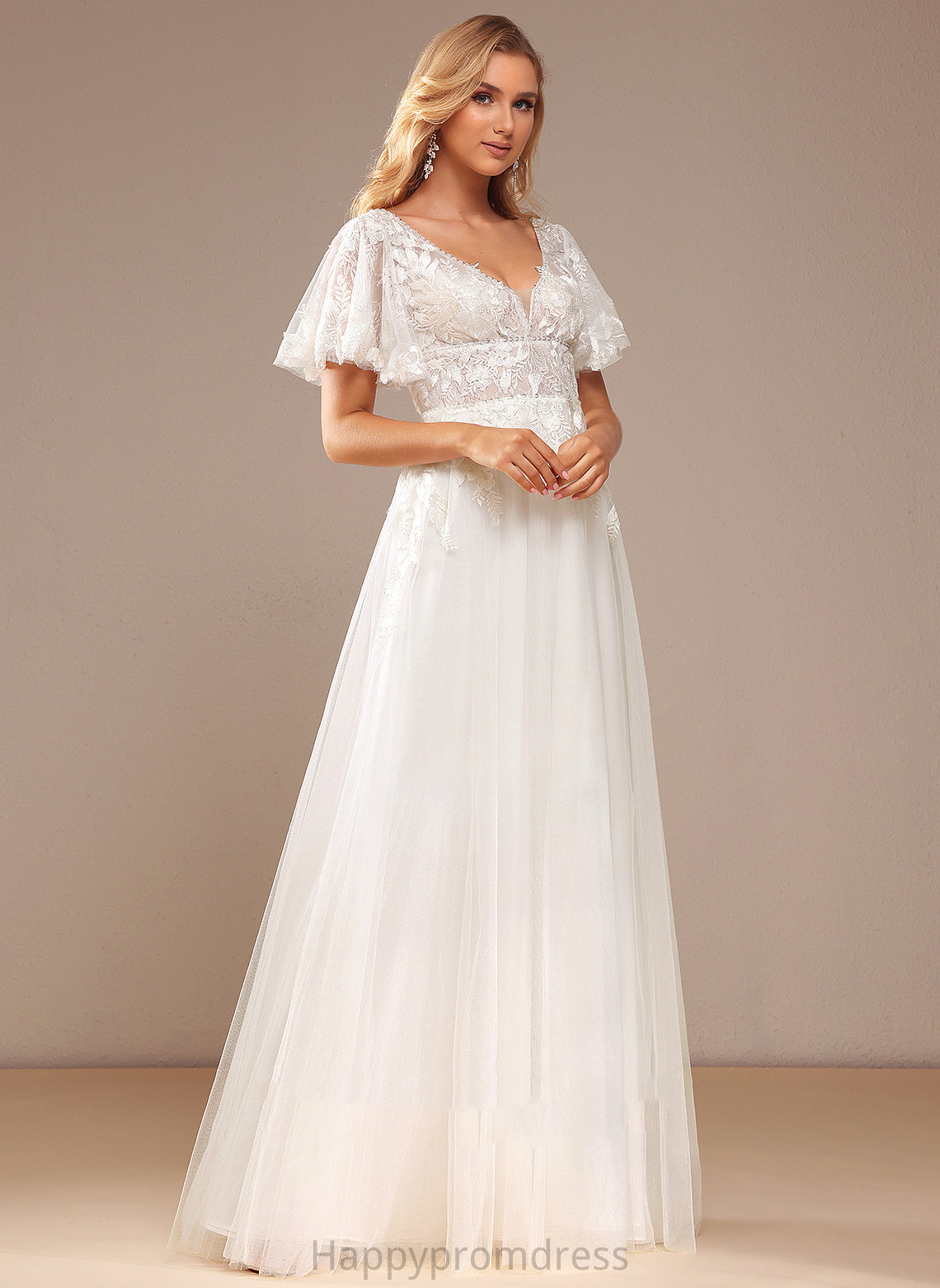 With Lace Tulle Lace Karma Floor-Length Wedding A-Line Sequins Wedding Dresses Beading Dress V-neck