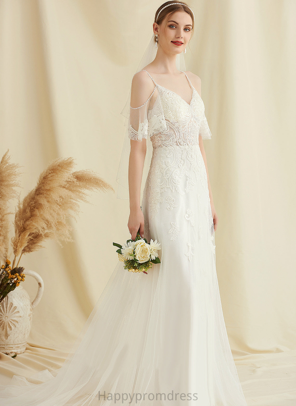 Wedding Dresses Sweep Lace With V-neck Wedding Train A-Line Tulle Dress Beading Chloe