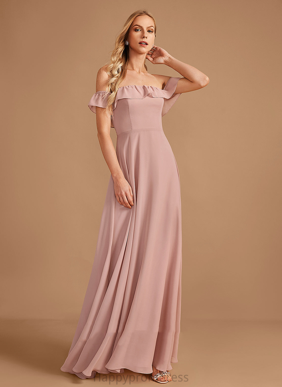 Fabric Neckline Silhouette Length Off-the-Shoulder Ruffle Embellishment Floor-Length A-Line Alyson Natural Waist Sleeveless Bridesmaid Dresses