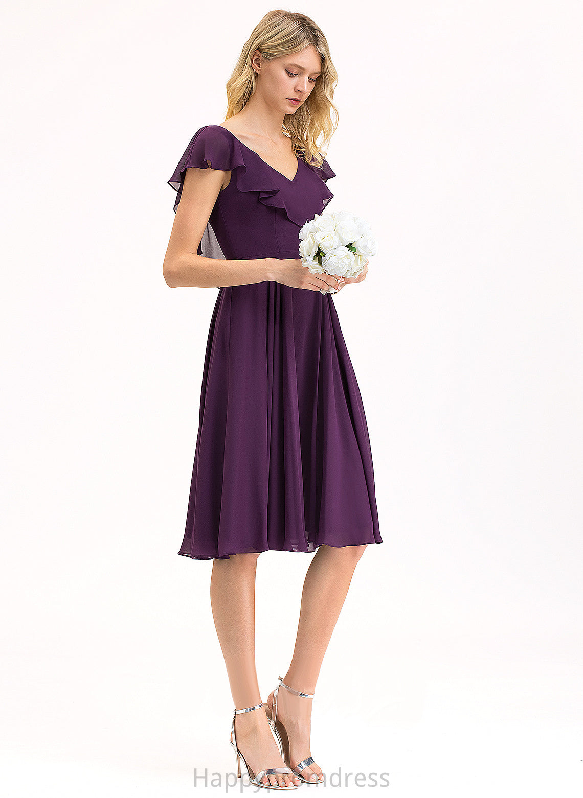 Chiffon With A-Line Mariah Ruffles Cocktail Cascading Knee-Length V-neck Dress Cocktail Dresses