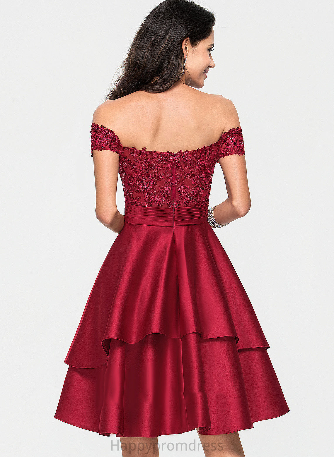 Allison Sequins Satin Knee-Length Off-the-Shoulder Lace Homecoming Dresses With Dress Homecoming A-Line