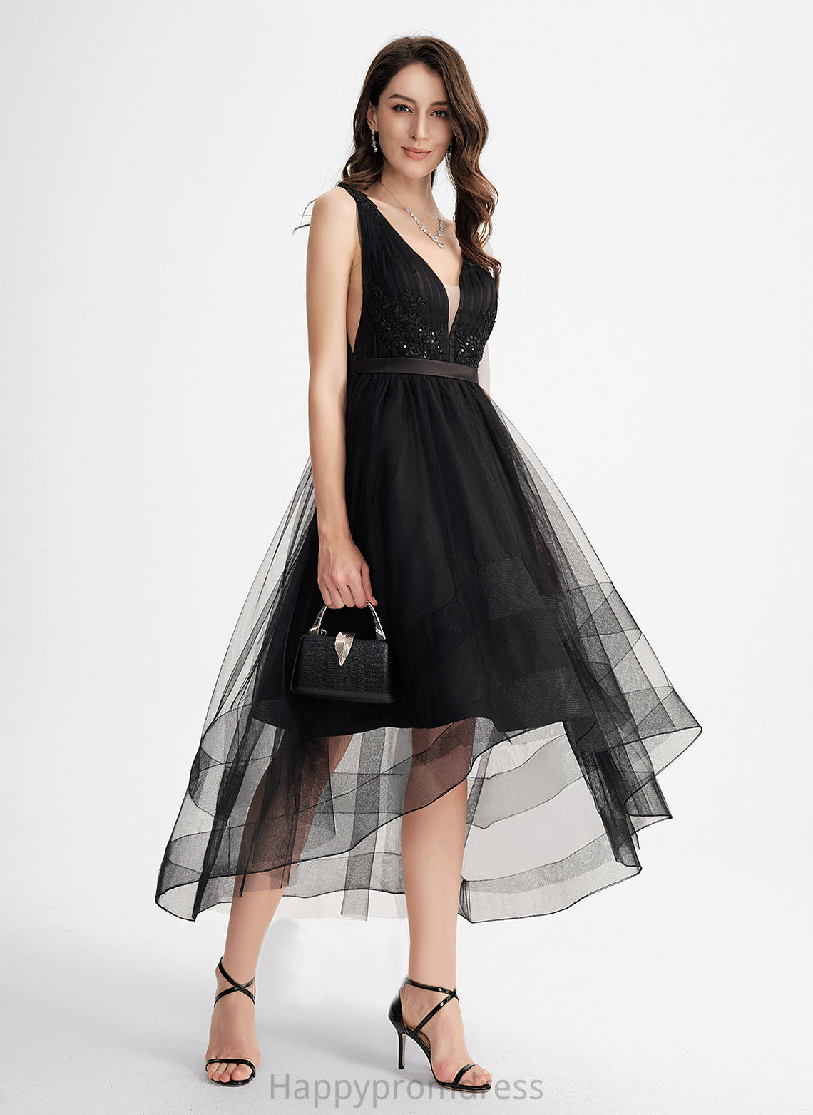 Cocktail Dresses Dress Sequins Asymmetrical Cocktail With V-neck Tulle Lace A-Line Irene