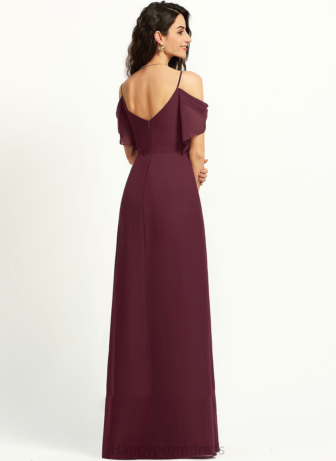 V-neck A-Line Length Fabric Sash Neckline Ruffle SplitFront Floor-Length Silhouette Embellishment Deanna Bridesmaid Dresses