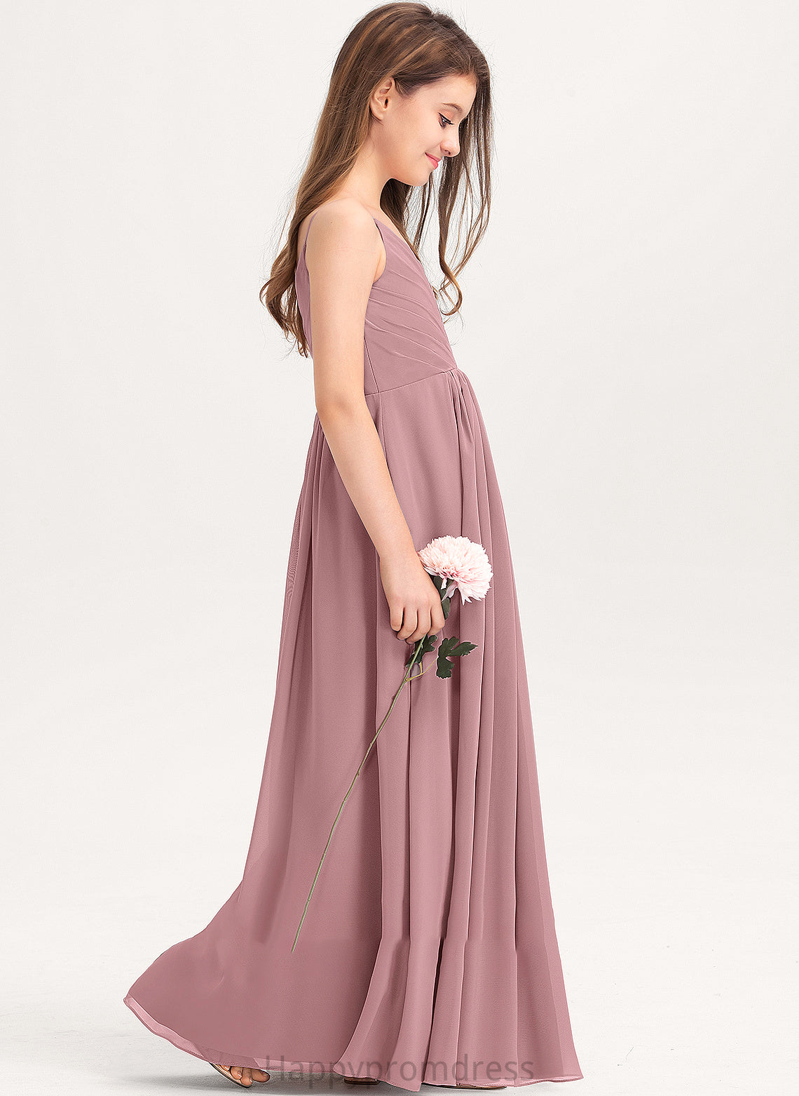 With Junior Bridesmaid Dresses Ada Ruffle A-Line Chiffon V-neck Floor-Length