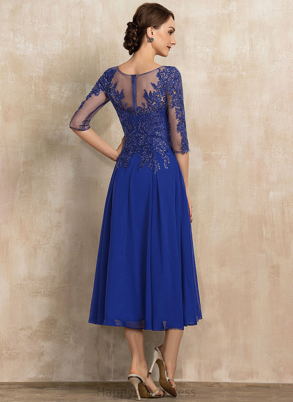 A-Line Lace Scoop Tea-Length With Cocktail Dress Chiffon Sequins Neck Cocktail Dresses Gill