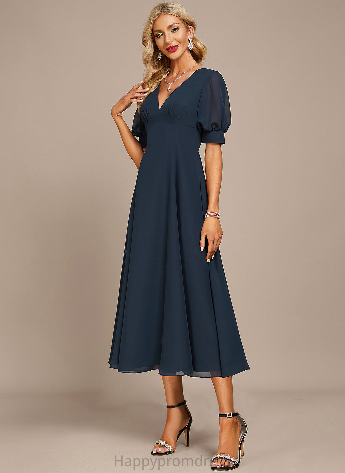 Tea-Length Dress Cocktail Chiffon V-neck A-Line Ruffle Shayna With Cocktail Dresses