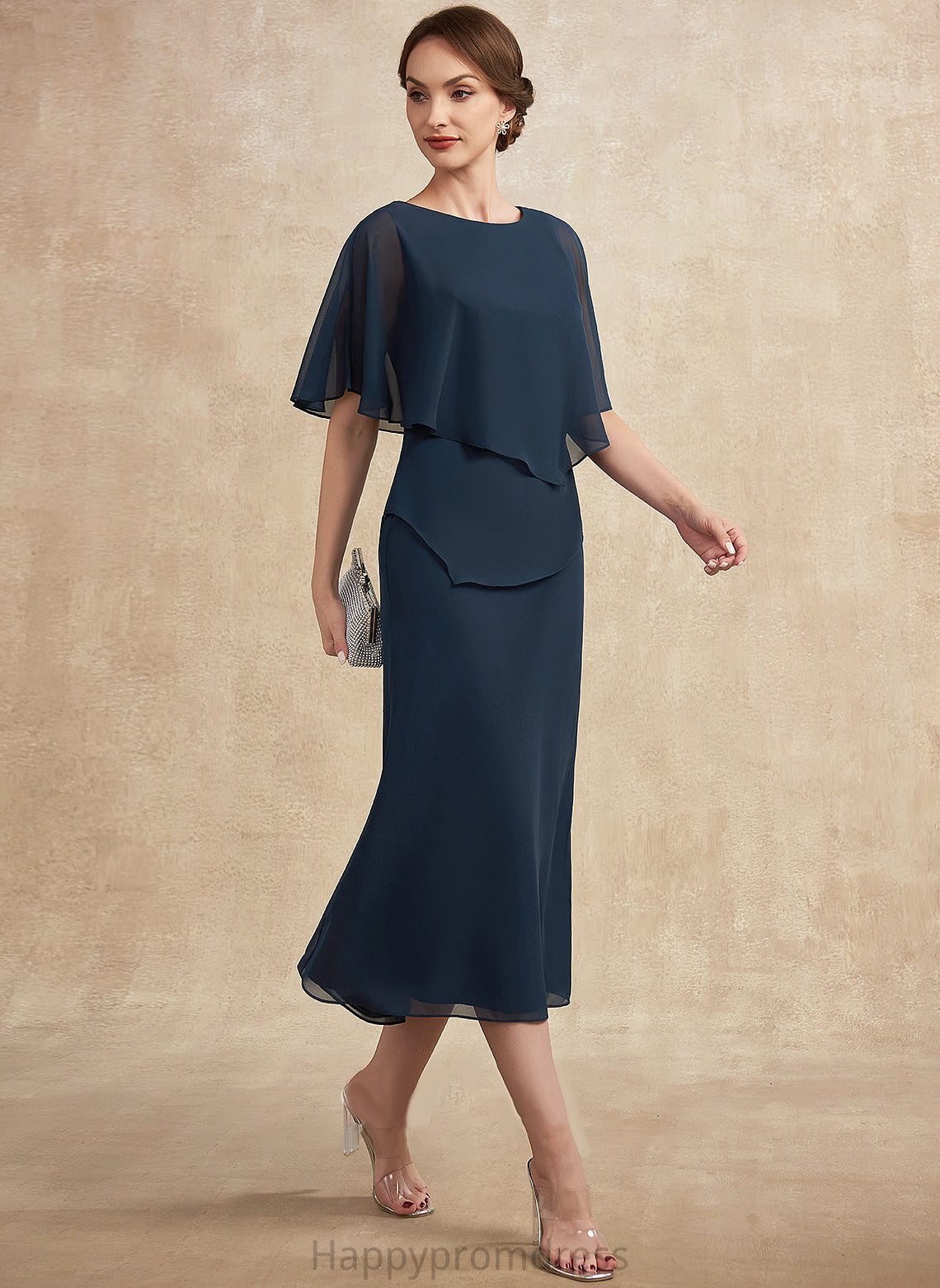 the Mother Sheath/Column Dress Mother of the Bride Dresses Bride Neck Scoop Chiffon Tea-Length of Joyce