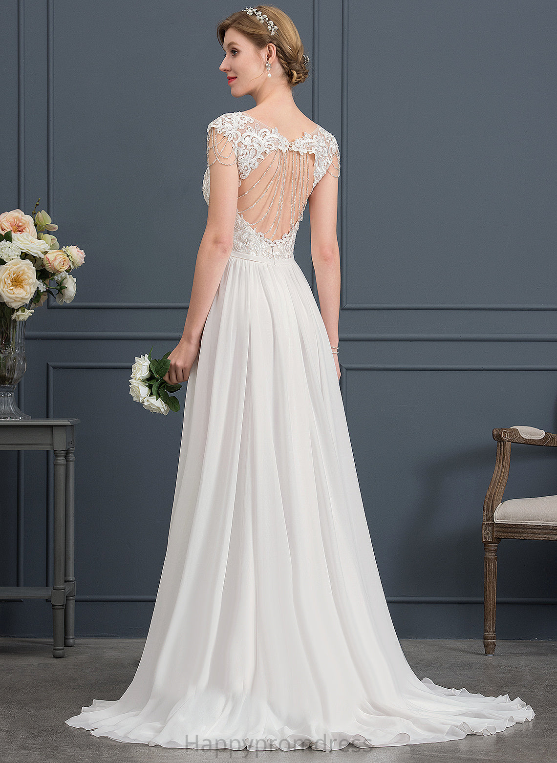 Wedding Dresses Alma Train Chiffon Wedding Lace With V-neck Sequins Beading Sweep Dress A-Line